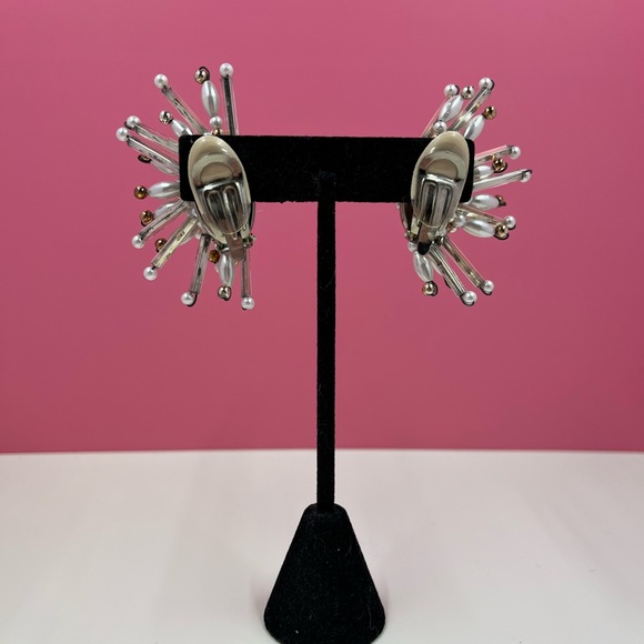 Vintage Designer Beaded Sunburst Clip On Earrings - Picture 4 of 7